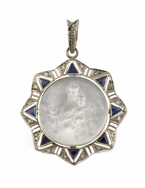 Medalla colgante Art-Decó con Virgen y Niño en nácar y marc