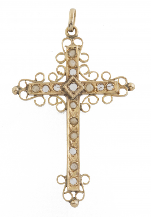 Cruz colgante S. XIX con zafiros blancos adonada con filigr