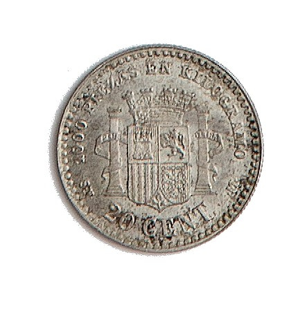 Moneda en plata de 20 céntimos de peseta. Govierno provisio