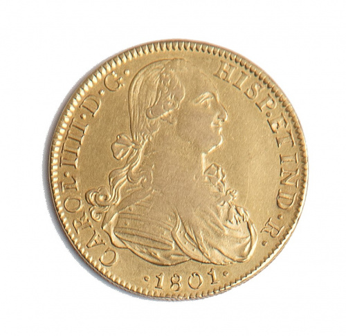 Moneda de 8 escudos de oro de Carlos IV.1801. M.FM.