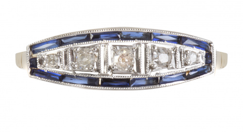 Sortija cintillo de brillantes Art-Decó con zafiros calibra