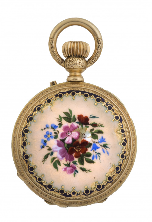 Reloj saboneta de bolsillo S. XIX de oro y esmalte decorado