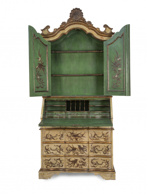 Bureau cabinet en madera lacada de blanco con "chinoiseries