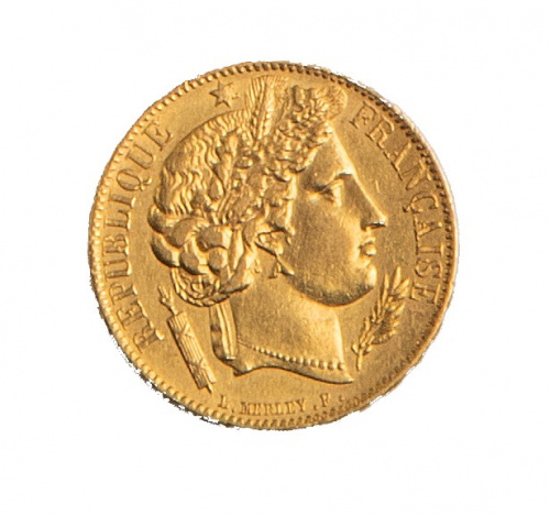 Moneda de 20 Francos Franceses de oro. Cabeza de Ceres. 185