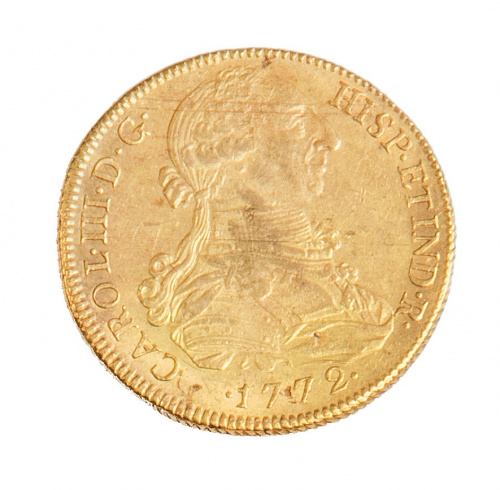 Moneda de 8 escudos de oro Carlos III, 1772. NI. JM. ME. En