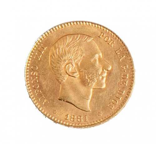 Moneda de 25 ptas de oro de Alfonso XII.1881. MS.M