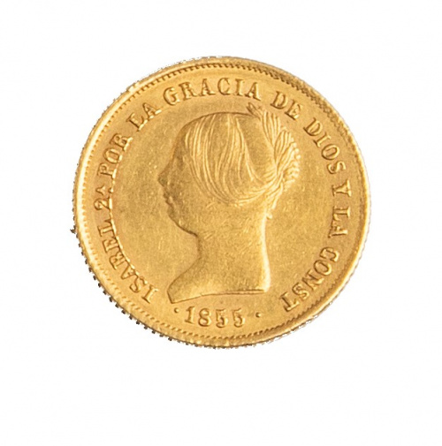Moneda de 100 reales de oro de Isabel II ceca de Barcelona.
