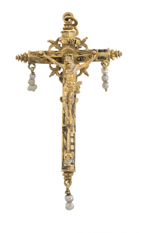 Cruz colgante española o colonial S. XVI-XVII con Cristo en