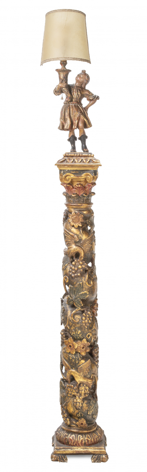 Columna de madera tallada, dorada y policromada con niño co