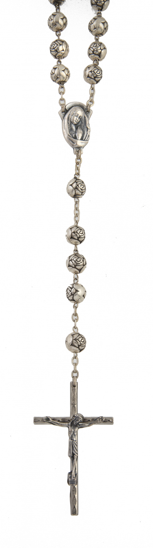 Rosario en plata con cuentas en forma de rosa circular