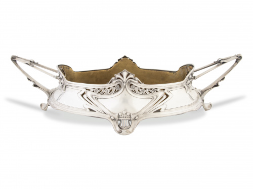 Macetero "jugendstil" de plata y cobre. Ley 900. Marcado "E