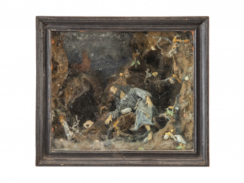 San Jerónimo penitente.Diorama con figura en cera moldead