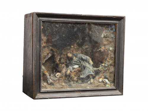 San Jerónimo penitente.Diorama con figura en cera moldead