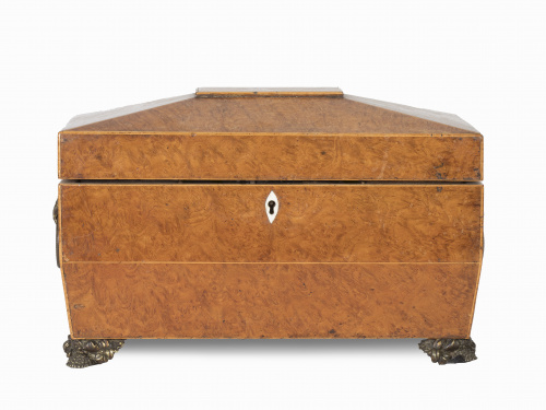 Caja de té regencia de madera de raíz marfil y bronce aplic