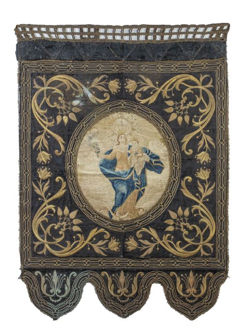 Simpecado, la Virgen con el Niño Bordado "a pintura" con hi