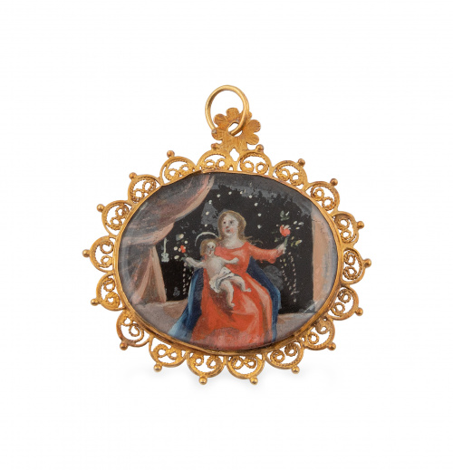 Relicario colgante S. XVIII con miniaturas pintadas sobre c