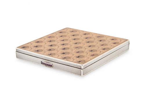 Polvera Art-Decó en plata y vermeille con decoración de flo