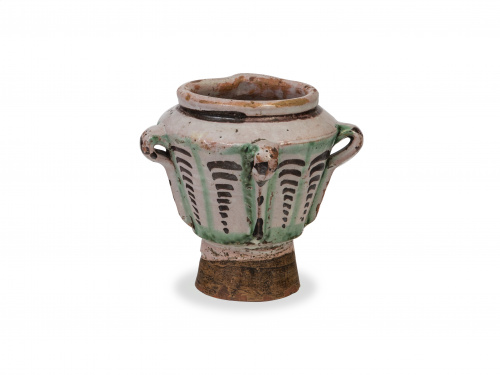 Mortero de cerámica esmaltada en verde y negro.Teruel, S.