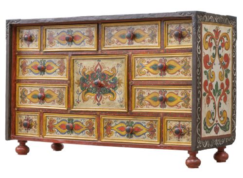 Papelera de madera policromada, decorada con elementos vege