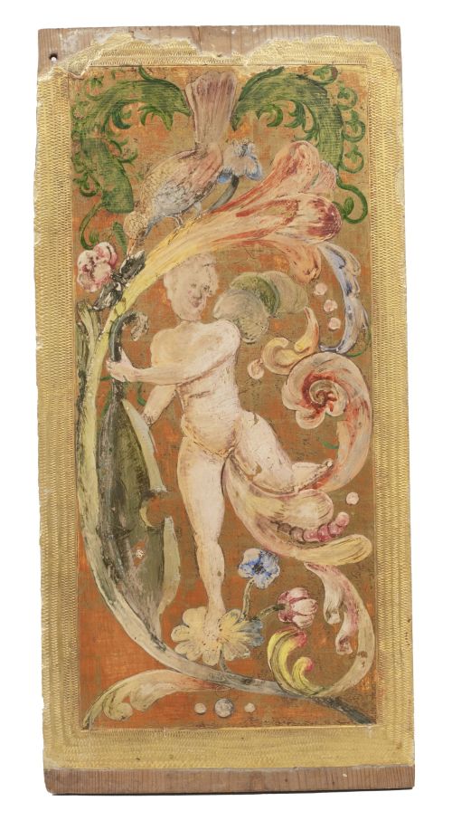 Panel renacentista de madera de pino policromada y dorada c