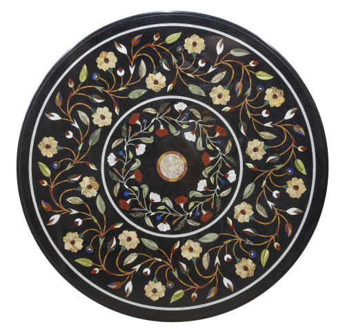 Tapa de piedras duras redonda con marquetería de flores en 
