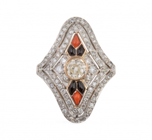 Sortija lanzadera estilo Art-Decó  con brillante central de