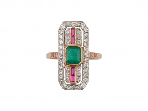 Sortija lanzadera estilo Art-Decó con esmeralda central, ro