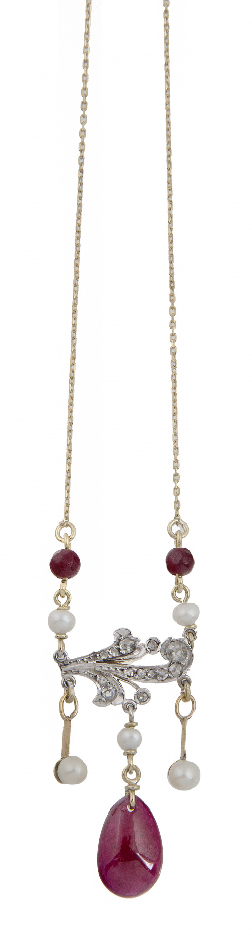 Pendentif estilo Belle Epoque con diamantes perlas y rubíes