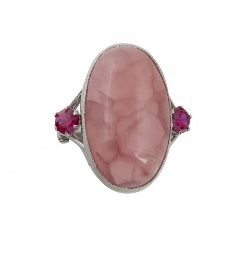 Sortija lanzadera con cabuchón de rodocrosita flanqueado po
