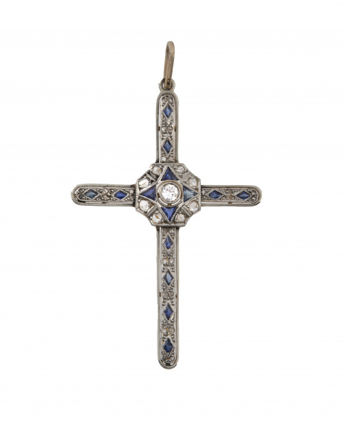 Cruz colgante estilo Art-Decó de zafiros y diamantes en oro