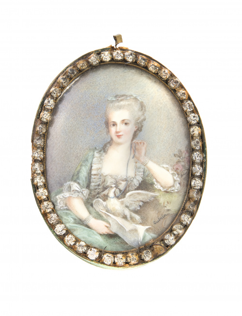 Miniatura S. XIX con retrato de dama dieciochesca enmarcada