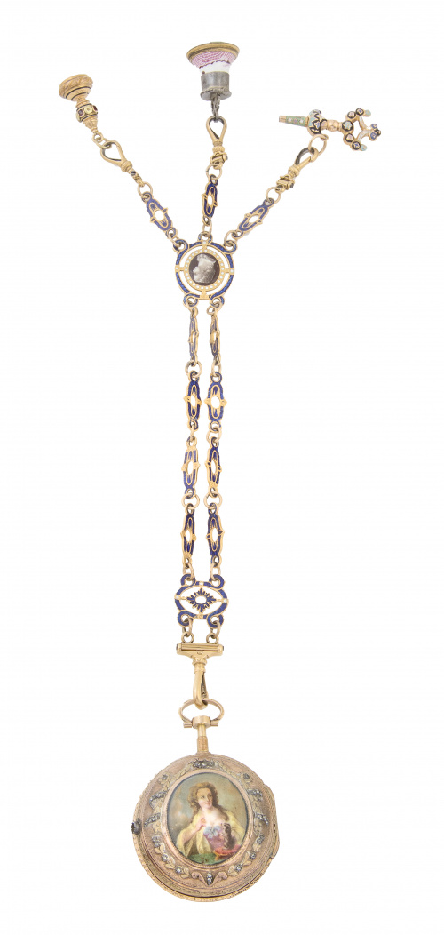 Reloj lepine S. XVIII con chatelaine de oro y esmaltes 