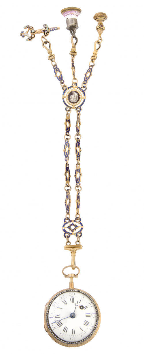 Reloj lepine S. XVIII con chatelaine de oro y esmaltes 