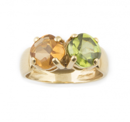 Sortija con peridoto y citrino talla gota en montura e oro 