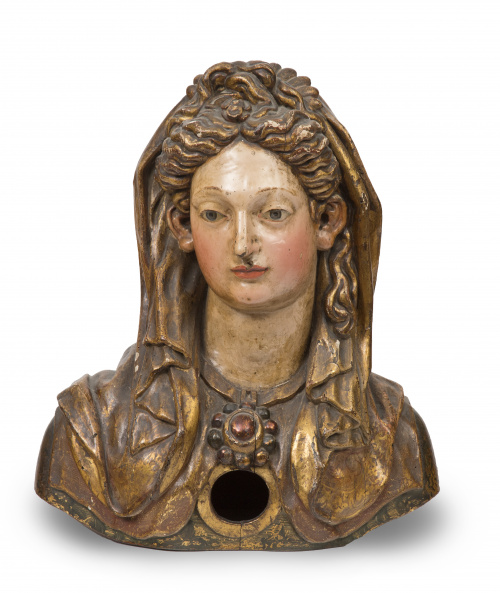 Santa Mártir.Busto relicario en madera tallada, policroma