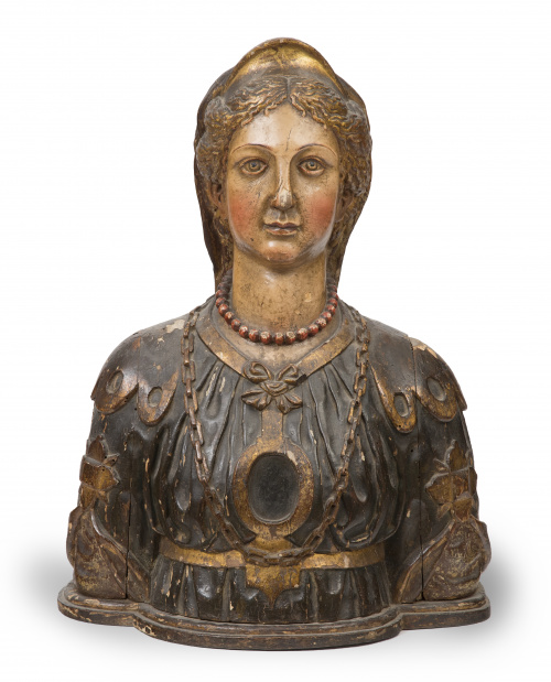 Santa Mártir.Busto relicario en madera tallada, policroma