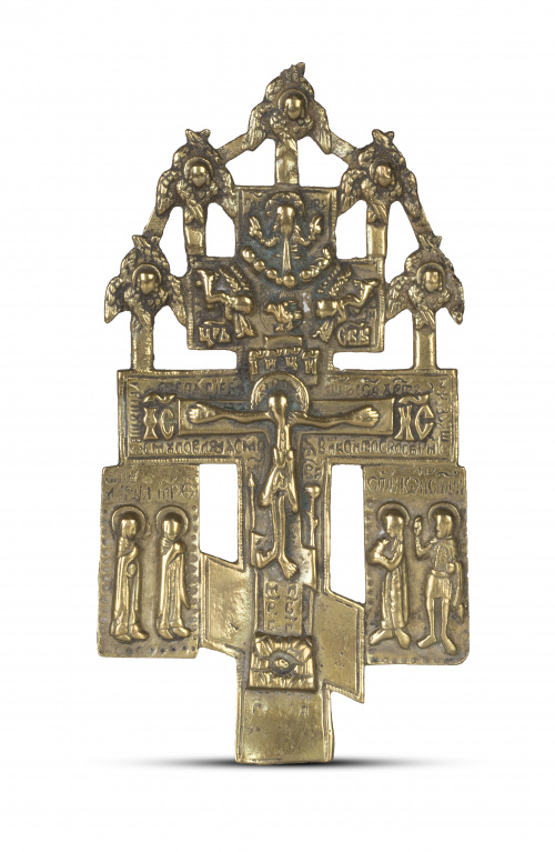 Cruz de caravaca de bronce dorado.España, S. XVIII.