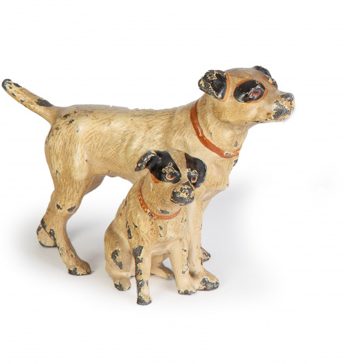 Grupo de dos perros de bronce policromado.Viena, S. XIX.