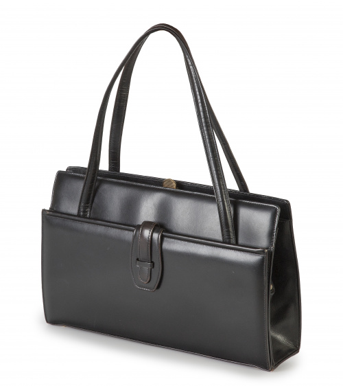 Bolso vintage de piel negra curtida con doble asa corta y b