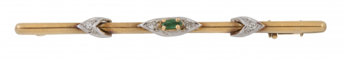 Broche barra en oro bicolor con esmeralda central y brillan