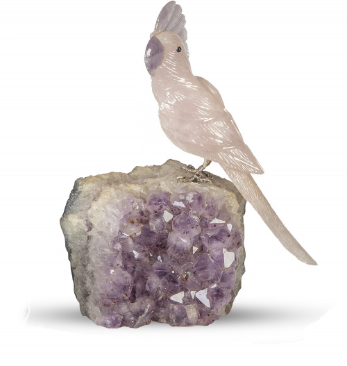 Cacatúa en cuarzo rosa tallado, sobre amatista.Brasil, S.
