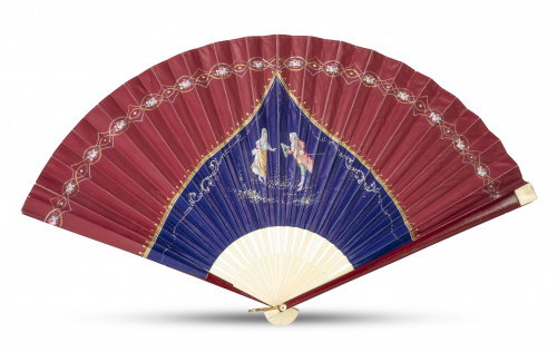 Abanico de hueso, papel pintado y madera lacada.Primer cu