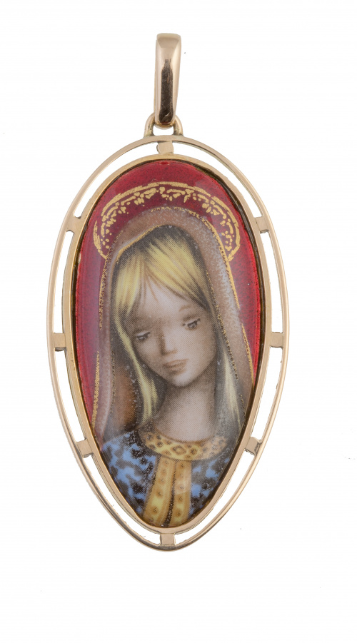 Colgante con medalla de Virgen de esmalte con marco y anver