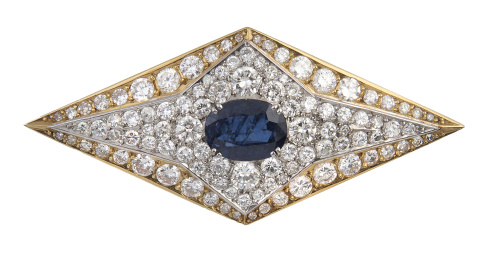 Broche romboidal con zafiro oval central y cuajado de brill
