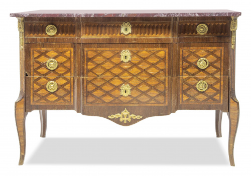 Cómoda de madera de caoba, palo de rosa y marquetería geomé