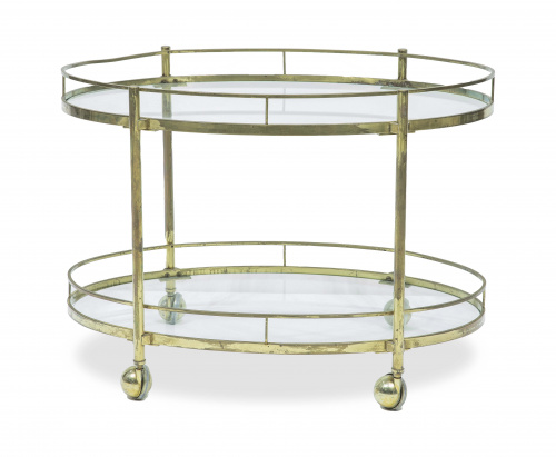 Carrito de dos pisos con ruedas de metal dorado y baldas de