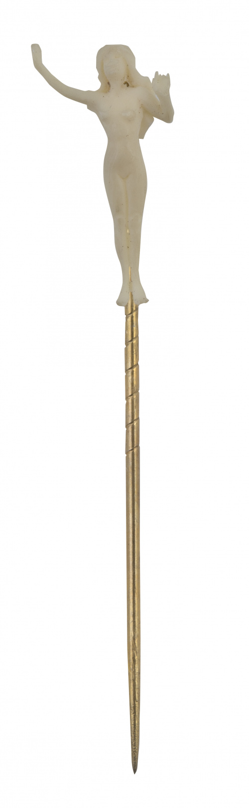 Alfiler con figura de dama desnuda tallada en marfil 