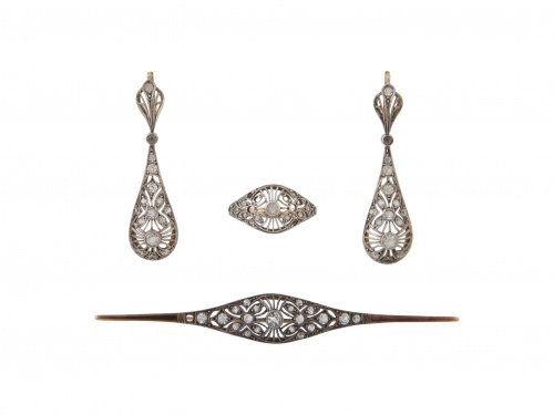 Conjunto de broche, sortija y pendientes largos mallorquine