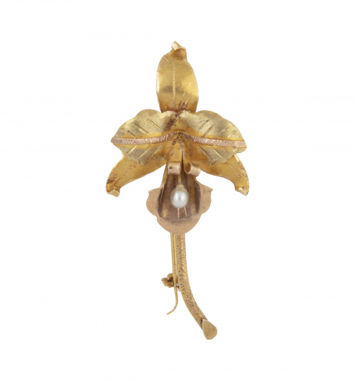 Broche en forma de orquídea de pp. S. XX con perla fina cen
