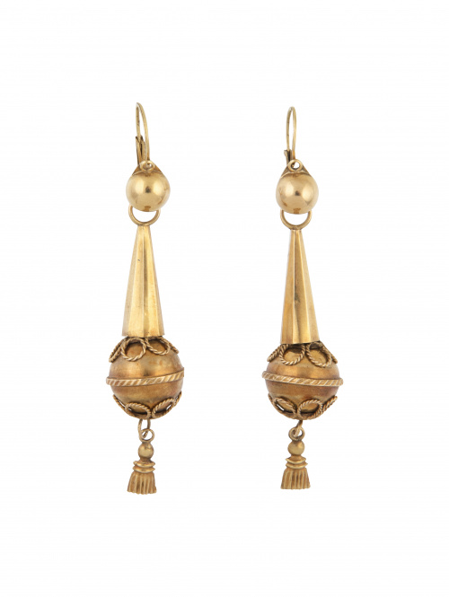 Pendientes largos S. XIX con esfera adornada con filigrana 